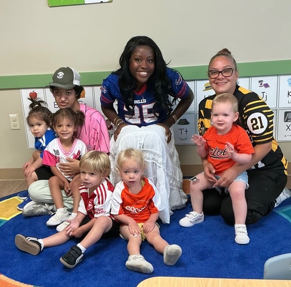 Teachers and students at Primrose School of Forest Hill celebrating Sports Day Spirit Week in fun athletic outfits, promoting teamwork, school spirit, active play, and early childhood learning in Forest Hill, Maryland.