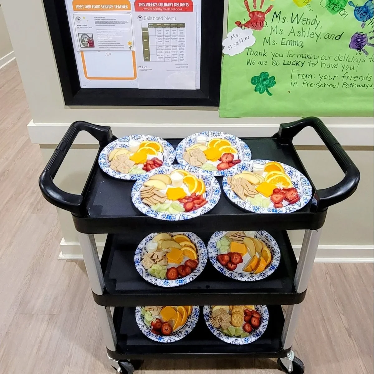 Freshly prepared balanced meals and healthy snacks on a food service cart at Primrose School of Forest Hill