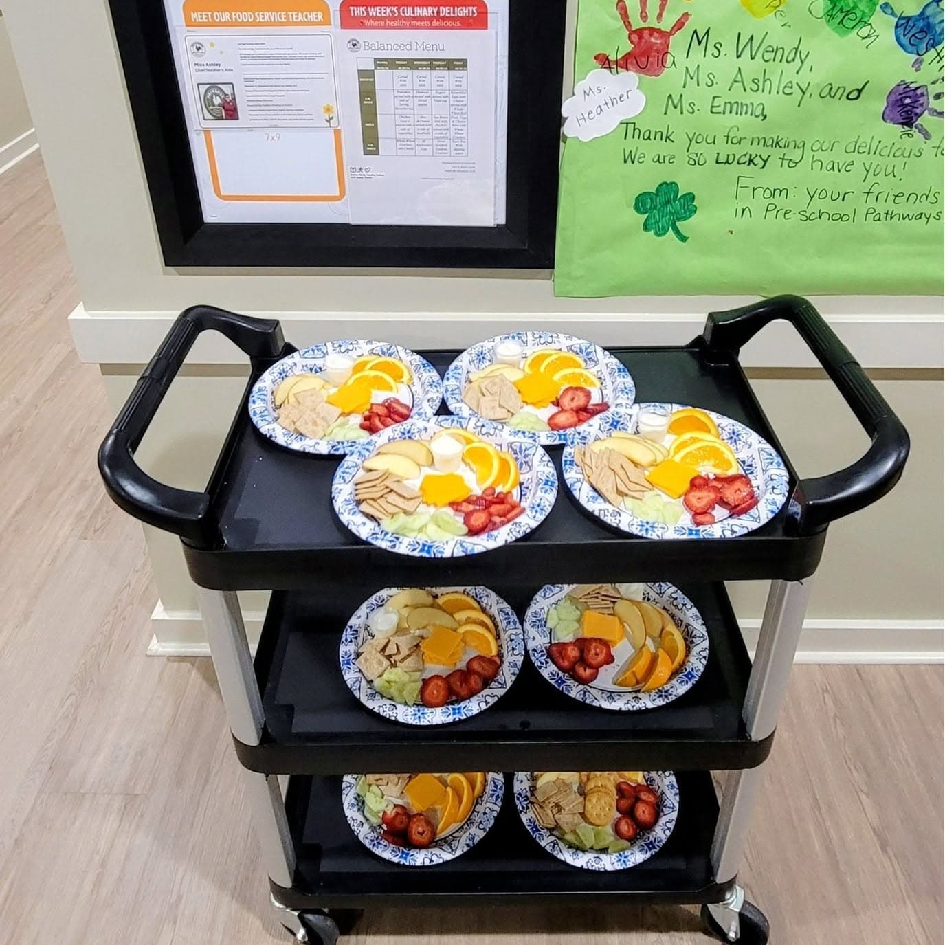 Freshly prepared balanced meals and healthy snacks on a food service cart at Primrose School of Forest Hill