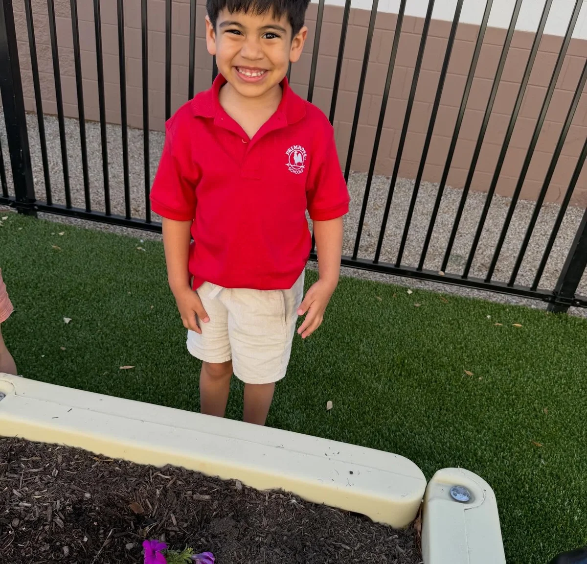 Smiling preschooler standing beside the school garden after helping care for flowers and learning about nature and responsibility at Primrose School.