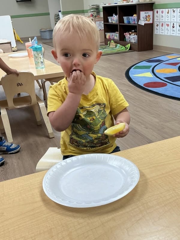 Toddler enjoying a healthy snack while developing independence, self-help skills, and healthy eating habits at Primrose School.