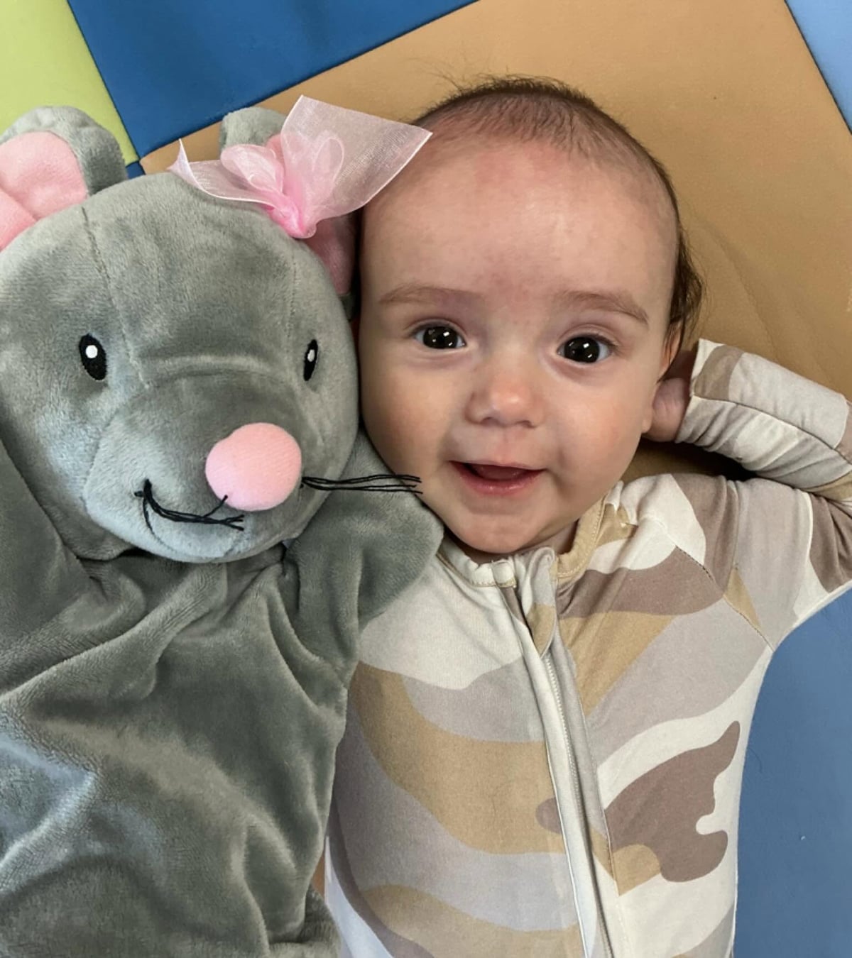 Smiling infant cuddling a soft stuffed animal during a comforting classroom moment that supports emotional security, sensory exploration, and early social development at Primrose School.