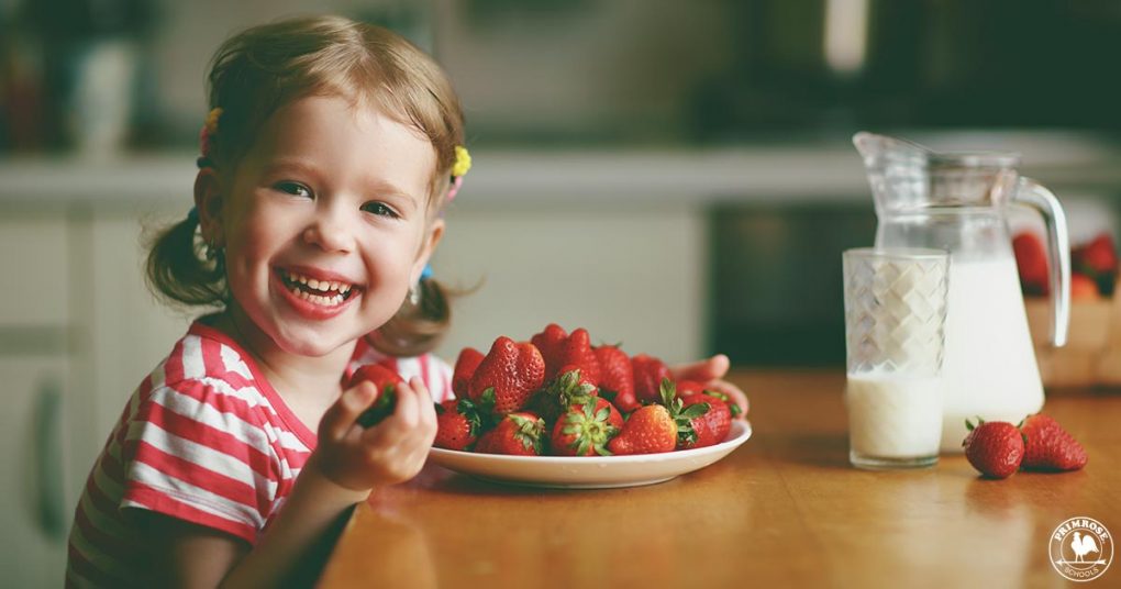 A young girl having a healthy snack of strawberries and milk