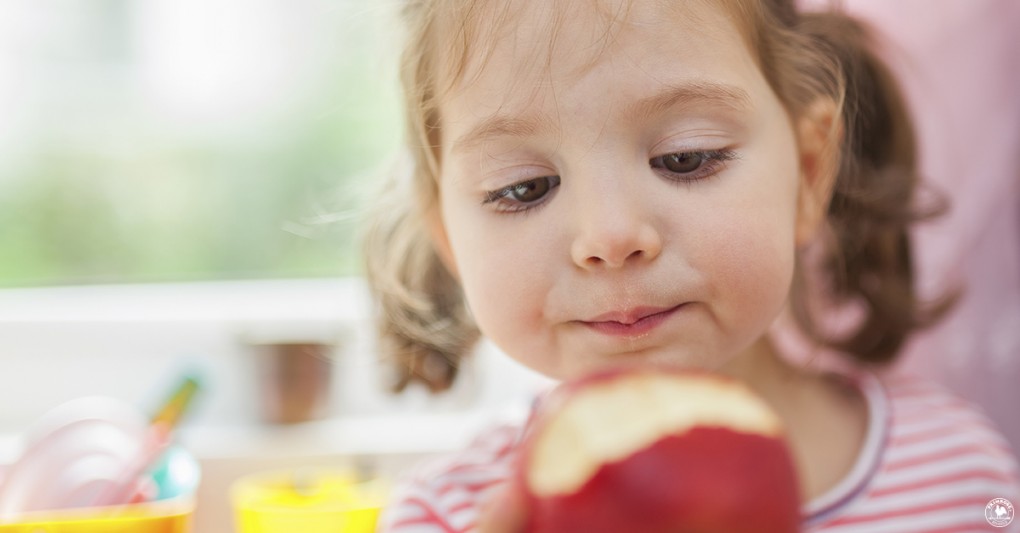 A little girl eating an apple