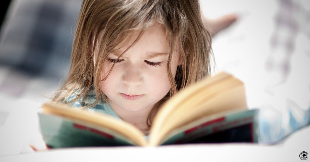A young girl intently reads a book