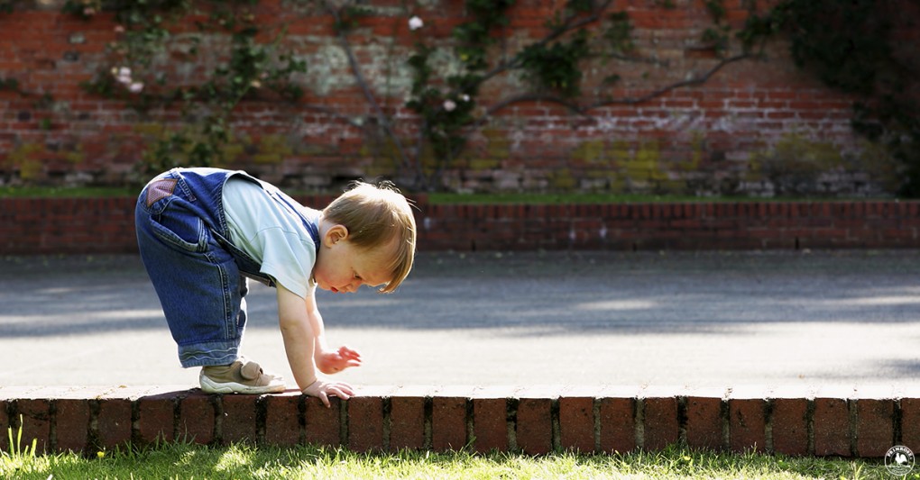 A little toddler boy tries to balance himself by putting his hands and feet on the ground
