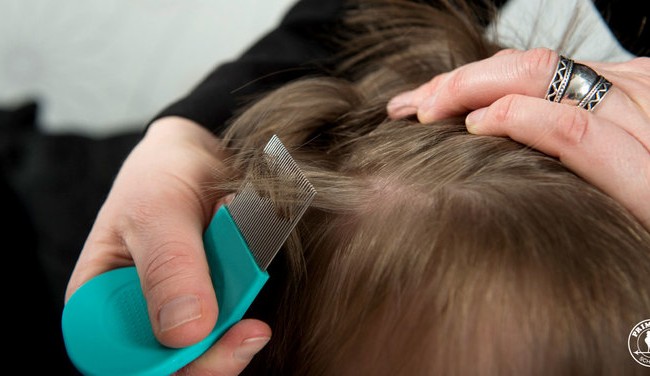 A mother combs through her child's hair using a lice comb