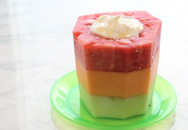 Glass-sized melon cake made with slices of watermelon, honeydew and cantaloupe