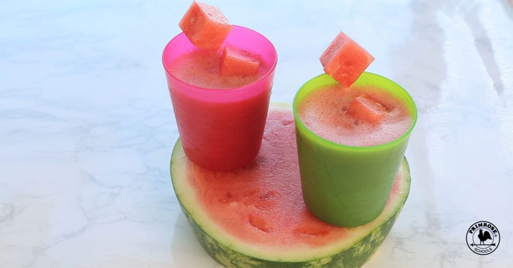 Two servings of watermelon smoothies placed on a watermelon slice