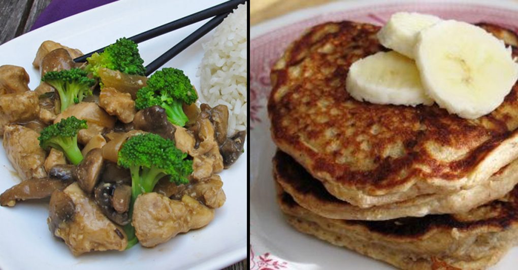 Chicken and broccoli stir fry and banana coconut pancakes