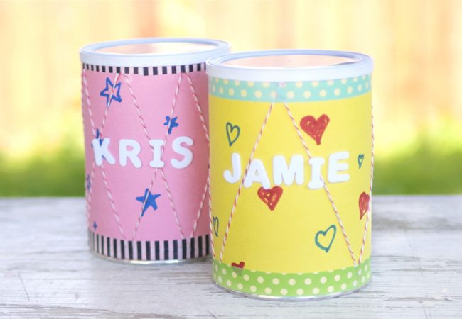 DIY recycled drums made from snack tins