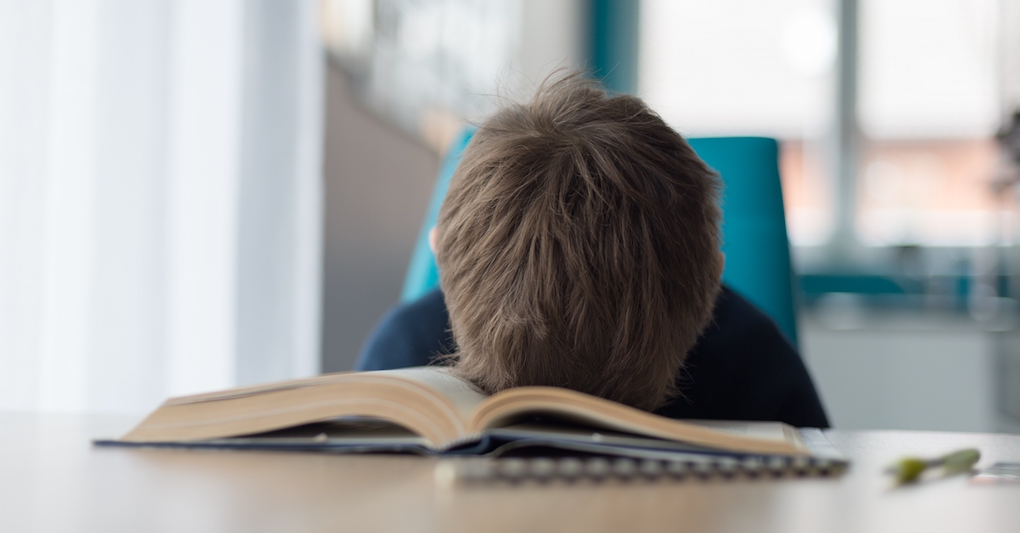 Kid who doesn't like reading lays head down on a book