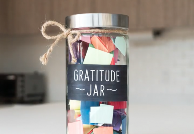Gratitude jar Thanksgiving craft for toddlers sitting on table