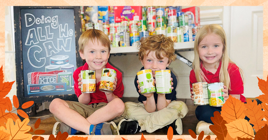 children holding canned food