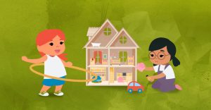 illustrated children playing with a hula hoop and doll house