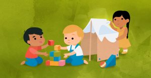 illustrated children making a fort and building a block tower