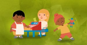 illustrated children playing with an action figure and play cash register